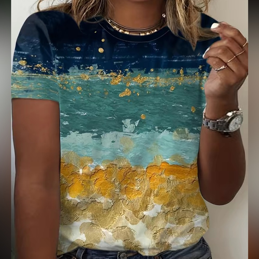 Oil Painting Print Blue & Gold Short Sleeve Round Neck Slight Stretch Tee 1X